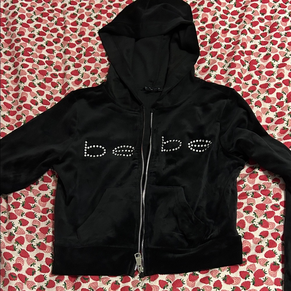 bebe Black Bomber Jacket with Rhinestone Logo